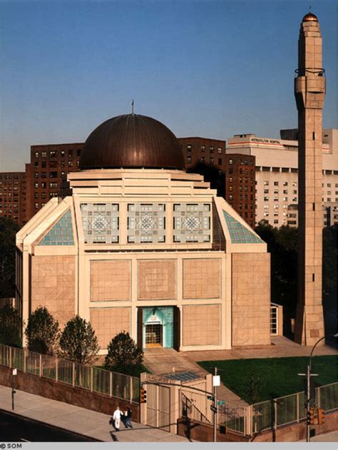 Islamic cultural center of new york - Islamic Cultural Center of New York. New York, United States. The mosque is square in plan and is contained within a 27 m cube and surmounted by a copper-clad, precast dome. The prayer space is open and free of columns due to the structure which incorporates four steel trusses. The square as design principle is carried through to the façade ...